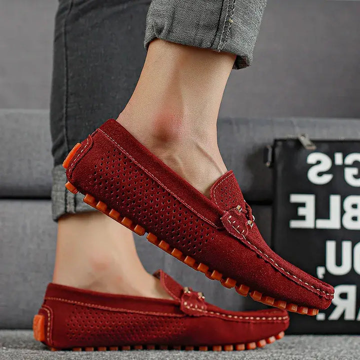 Marco Corsa men's red suede loafers with perforated upper and flexible sole, perfect for warm weather casual wear.