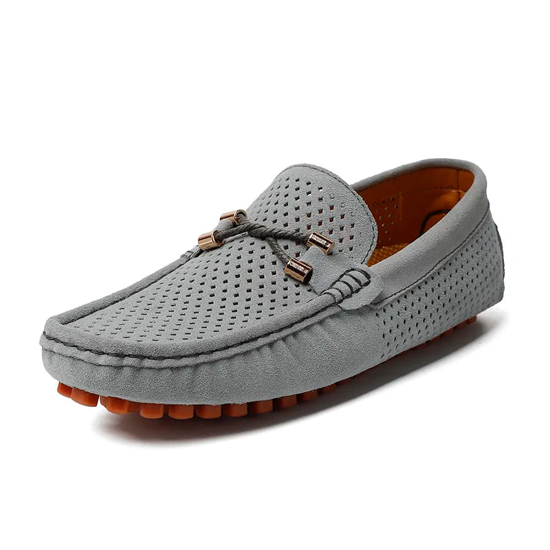 Marco Corsa men's grey suede loafers, featuring perforated upper for breathability and flexible driving sole.