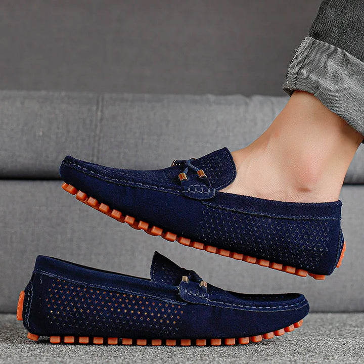 Marco Corsa Men's Suede Loafers in navy with orange sole, featuring breathable perforated design for comfort.