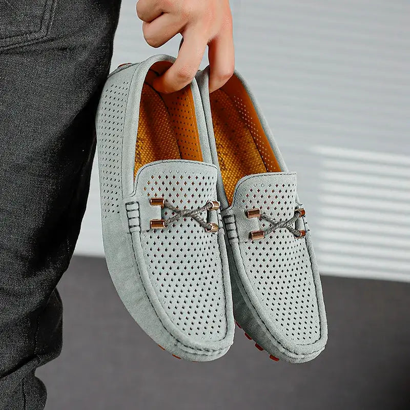Marco Corsa men's suede loafers in gray with perforated upper and metal-tipped laces, ideal for warm weather styling.