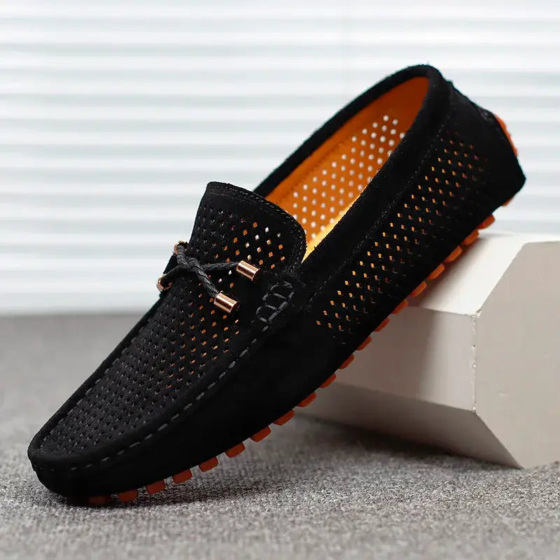 Marco Corsa men's black suede loafers with perforated design and metal-tipped laces for breathable comfort.