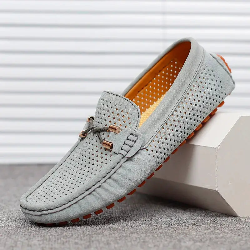 Marco Corsa men's suede loafers in gray, featuring perforated design and flexible sole for comfort.