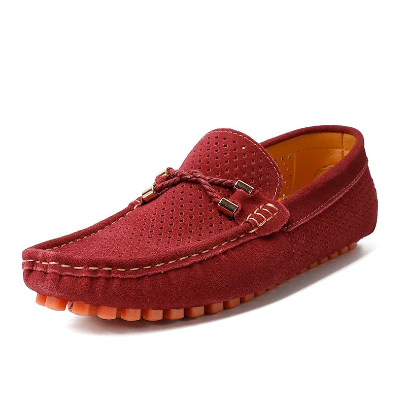 Marco Corsa men's red suede loafers with perforated upper and flexible driving sole for comfort.