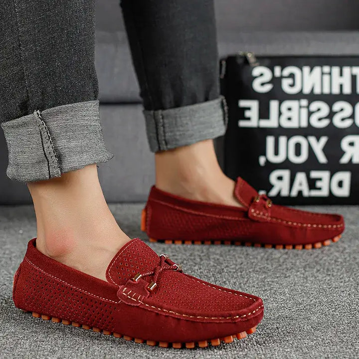 Marco Corsa men's red suede loafers with perforated upper and flexible driving sole, perfect for summer comfort.