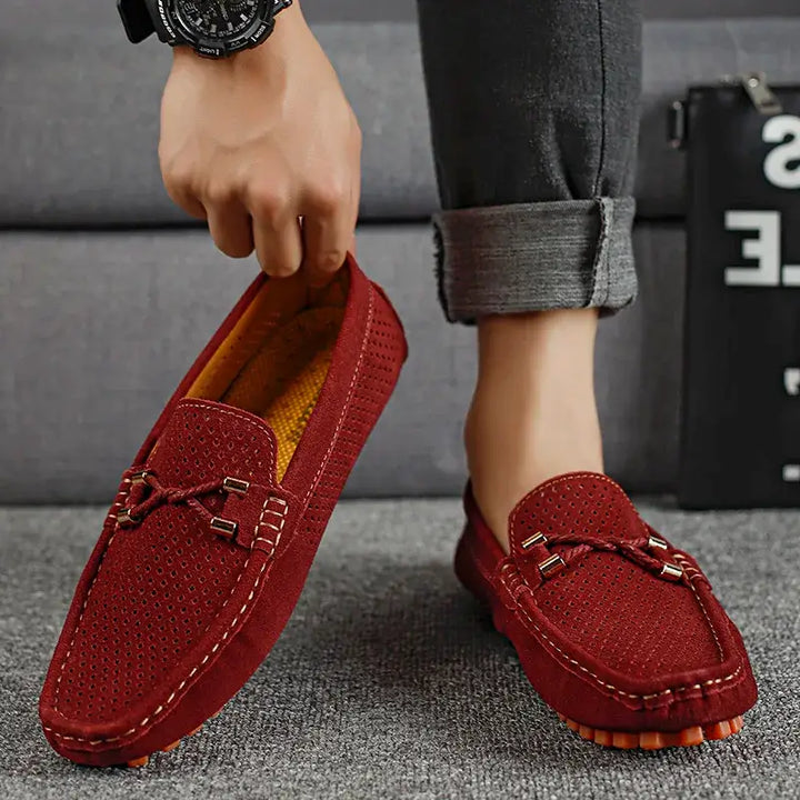 Marco Corsa men's suede loafers in red, featuring perforated design and metal-tipped laces for style and comfort.