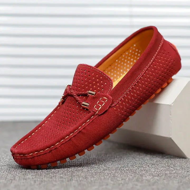 Marco Corsa red men's suede loafers with perforated upper, flexible sole, and metal-tipped laces for comfort and style.