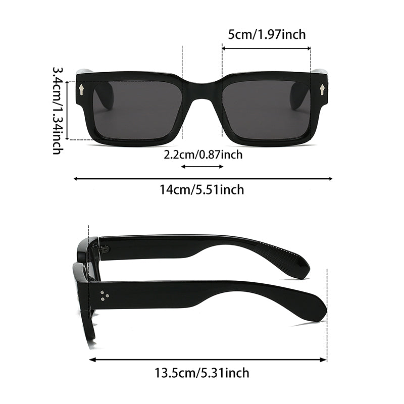 Monroe sunglasses with square-frame design, clear fronts, and tortoise shell arms, showcasing dimensions for perfect fit.