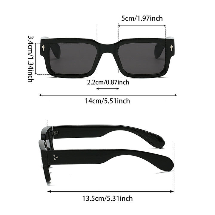 Monroe sunglasses with square-frame design, clear fronts, and tortoise shell arms, showcasing dimensions for perfect fit.