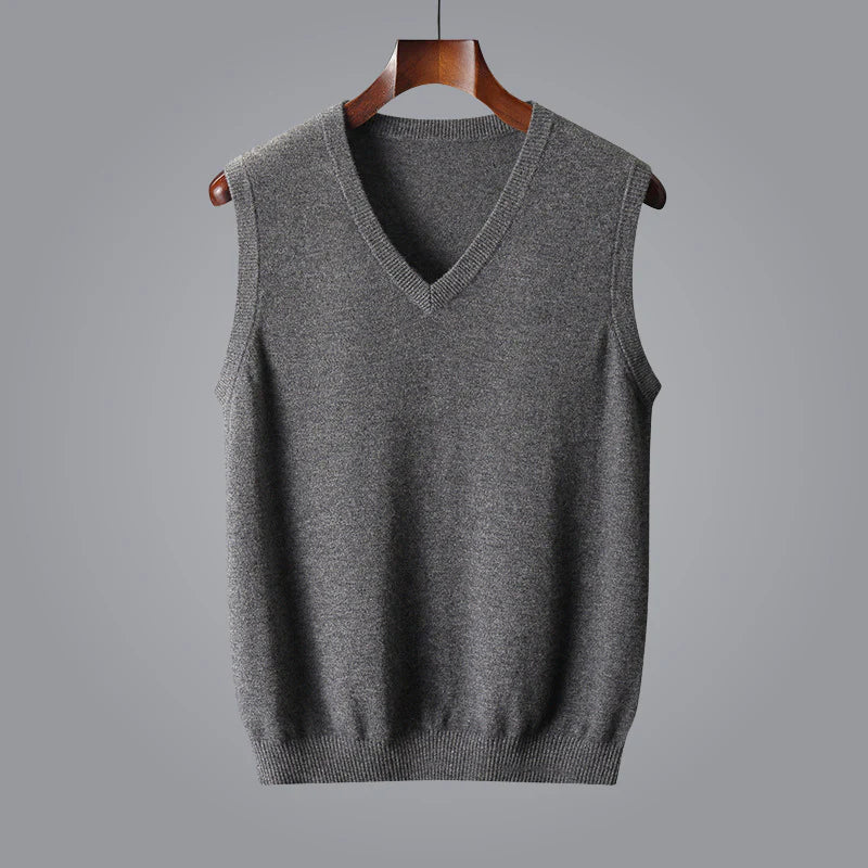 Rafi Cashmere Vest in gray, featuring a refined V-neck and lightweight, soft cashmere fabric for versatile layering.