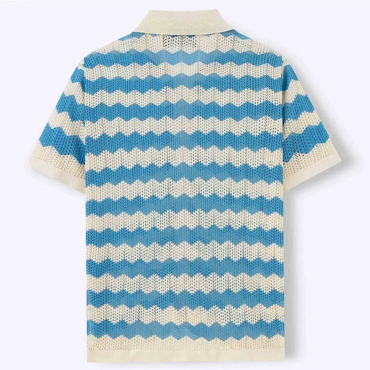 Men's crochet shirt featuring open-knit chevron pattern in blue and cream, designed for breathable comfort in warm weather.