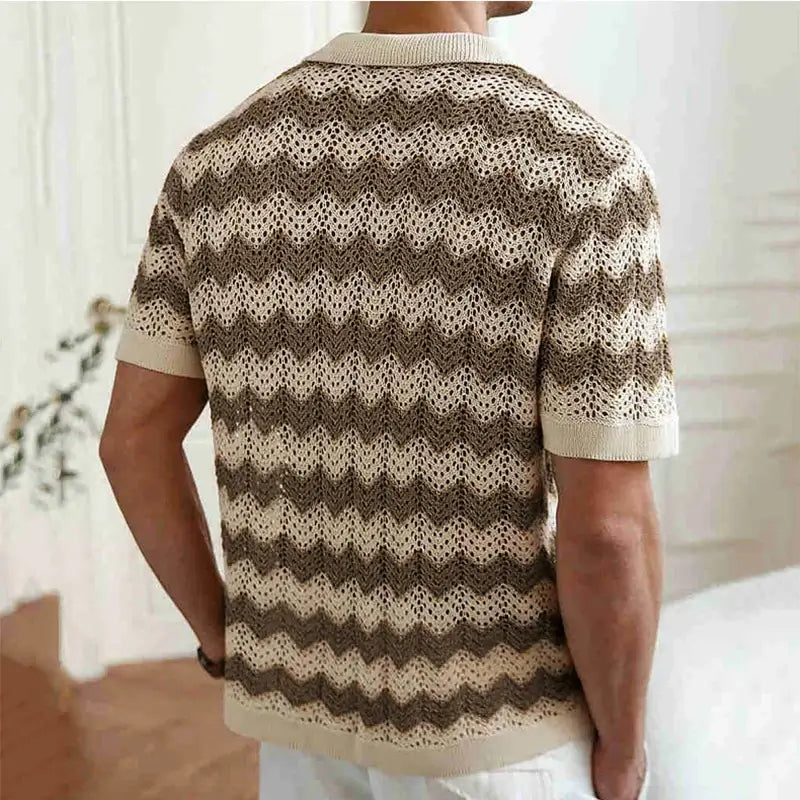 Men's crochet shirt featuring open-knit chevron waves and short sleeves for stylish, breathable comfort.