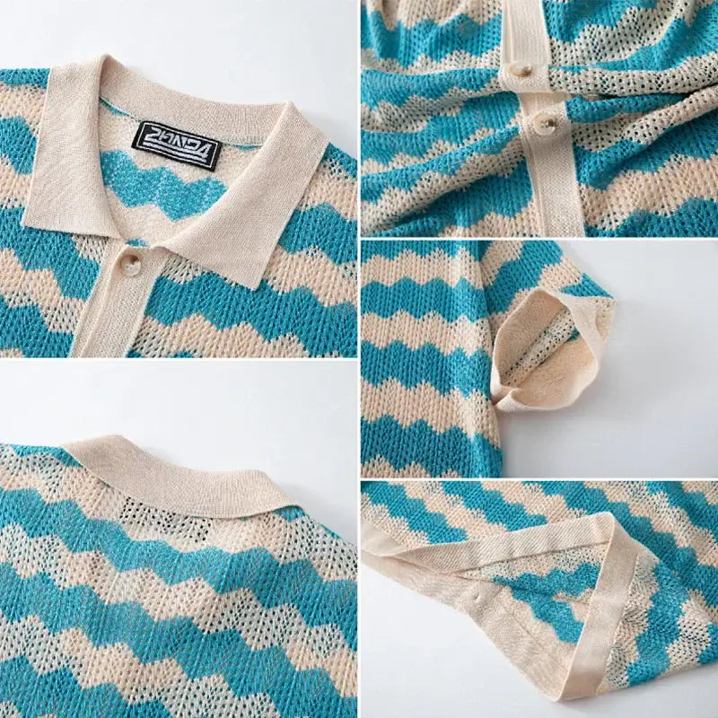 Raffaele Men's Crochet Shirt featuring open-knit chevron pattern in blue and beige, showcasing short sleeves and button-up collar.