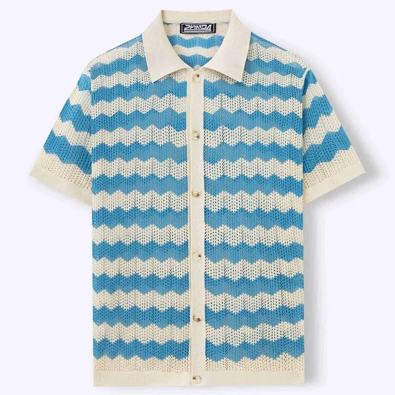 Raffaele Men's Crochet Shirt featuring open-knit chevron waves in blue and cream for breathable summer style.