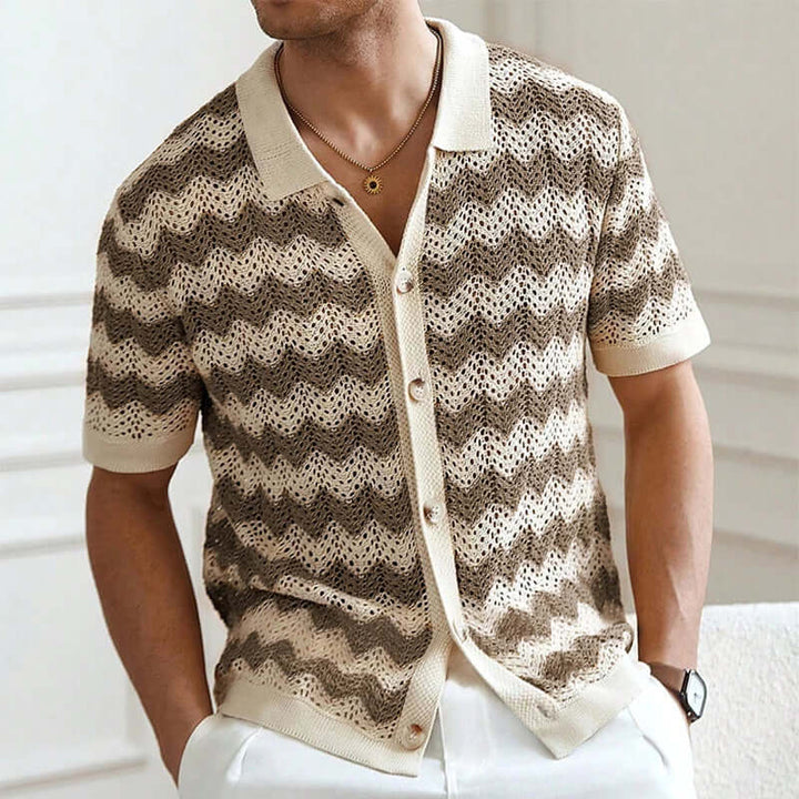 Raffaele Men's crochet shirt featuring open-knit chevron pattern, short sleeves, and a laid-back collar for vintage style.