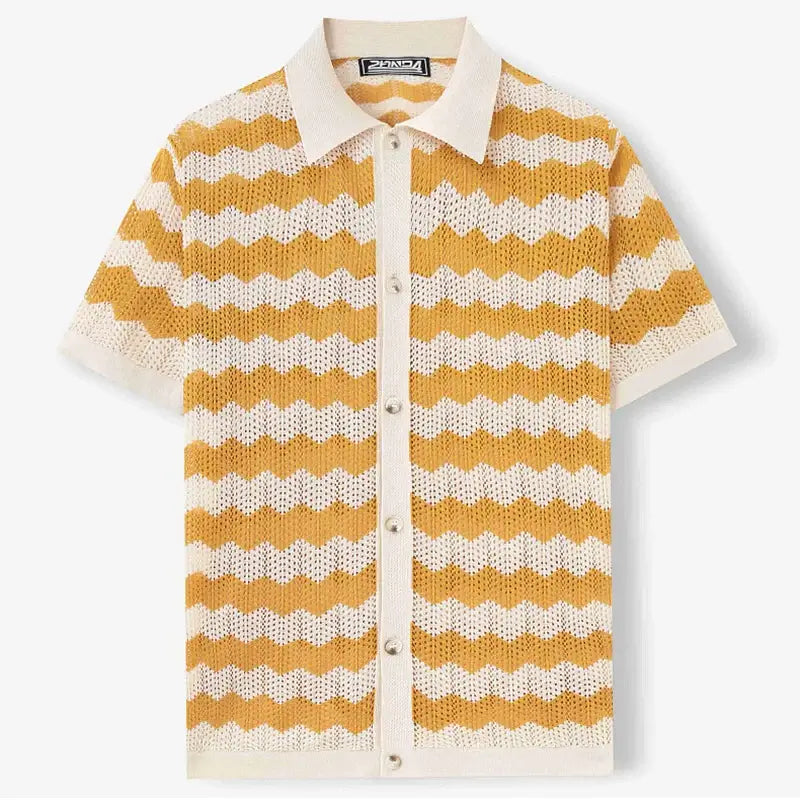 Raffaele men's crochet shirt featuring open-knit chevron pattern in mustard and white, perfect for warm weather.