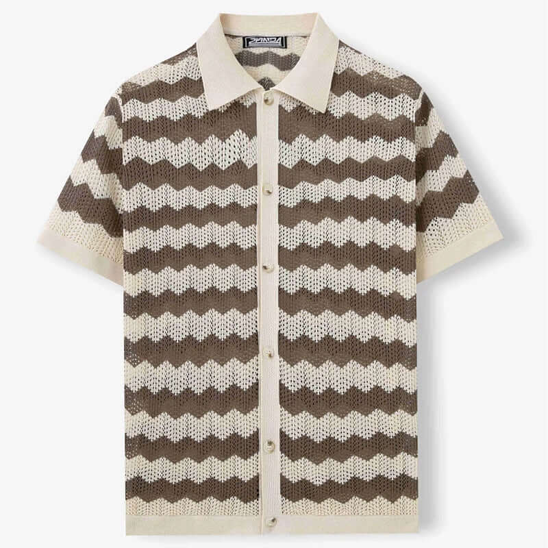 Raffaele men's crochet shirt featuring open-knit chevron waves in brown and cream, short sleeves and a laid-back collar.