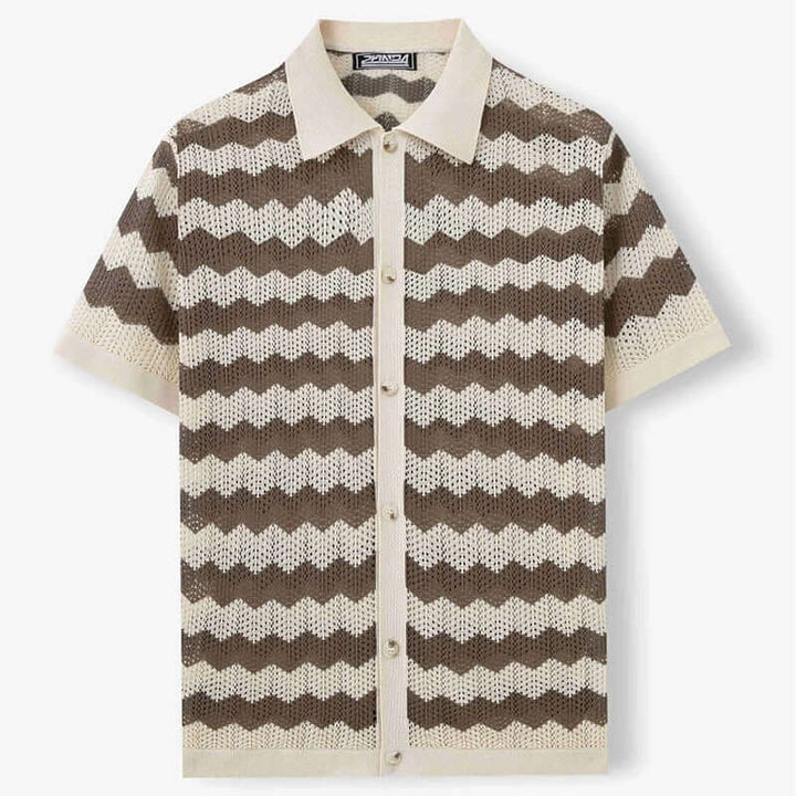 Raffaele men's crochet shirt featuring open-knit chevron waves in brown and cream, short sleeves and a laid-back collar.