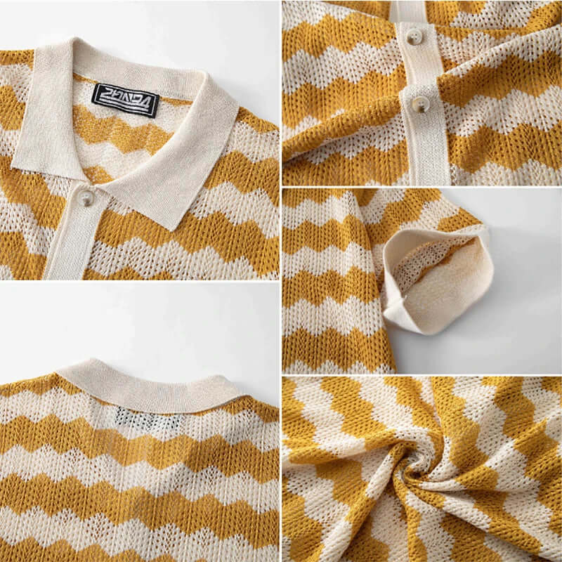 Raffaele Men's Crochet Shirt featuring open-knit chevron pattern in yellow and cream, lightweight, with short sleeves and button-up collar.