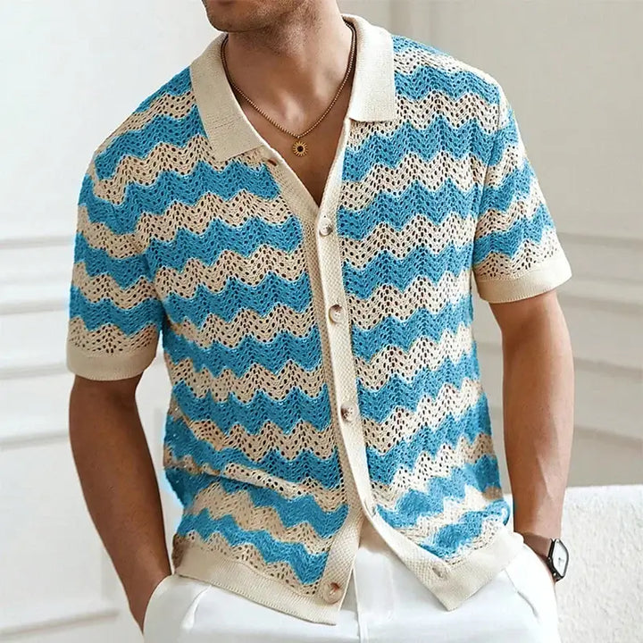 Raffaele men's crochet shirt in blue and beige open-knit chevron pattern, short-sleeve polo with button-up front.