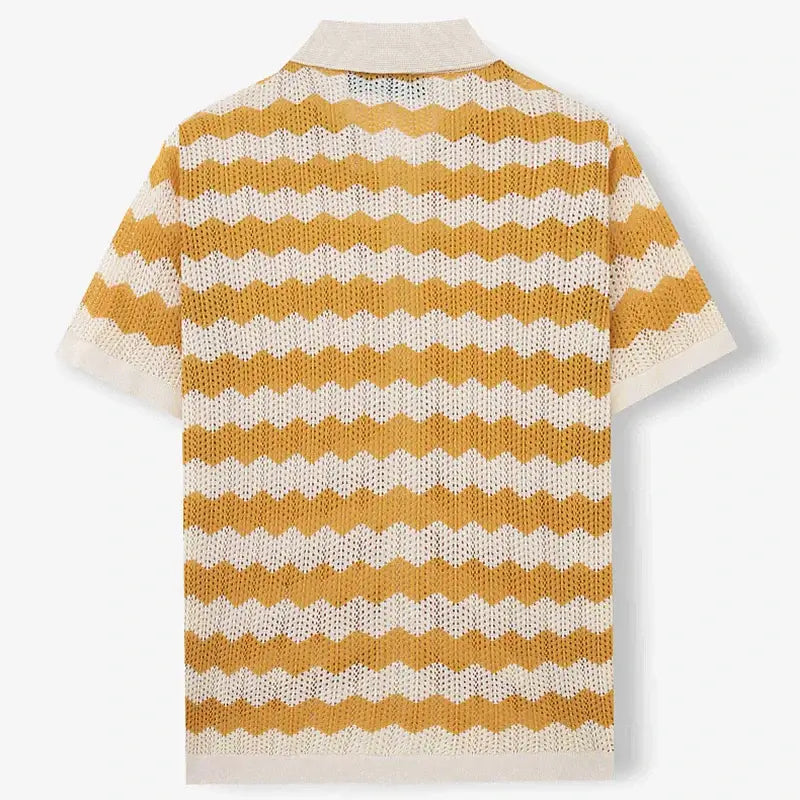 Raffaele men's crochet shirt featuring open-knit chevron pattern in yellow and cream, short sleeve, and laid-back collar.
