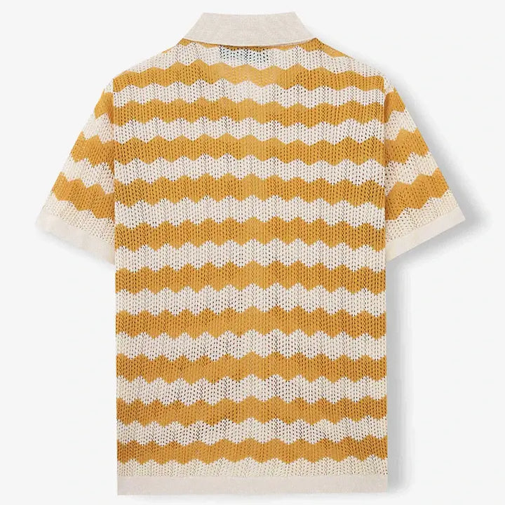 Raffaele men's crochet shirt featuring open-knit chevron pattern in yellow and cream, short sleeve, and laid-back collar.
