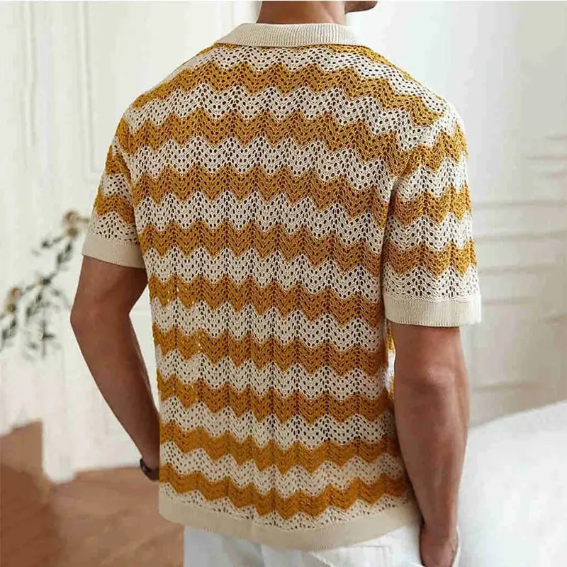 Back view of a Raffaele men's crochet shirt featuring an open-knit chevron pattern in yellow and cream, perfect for summer.