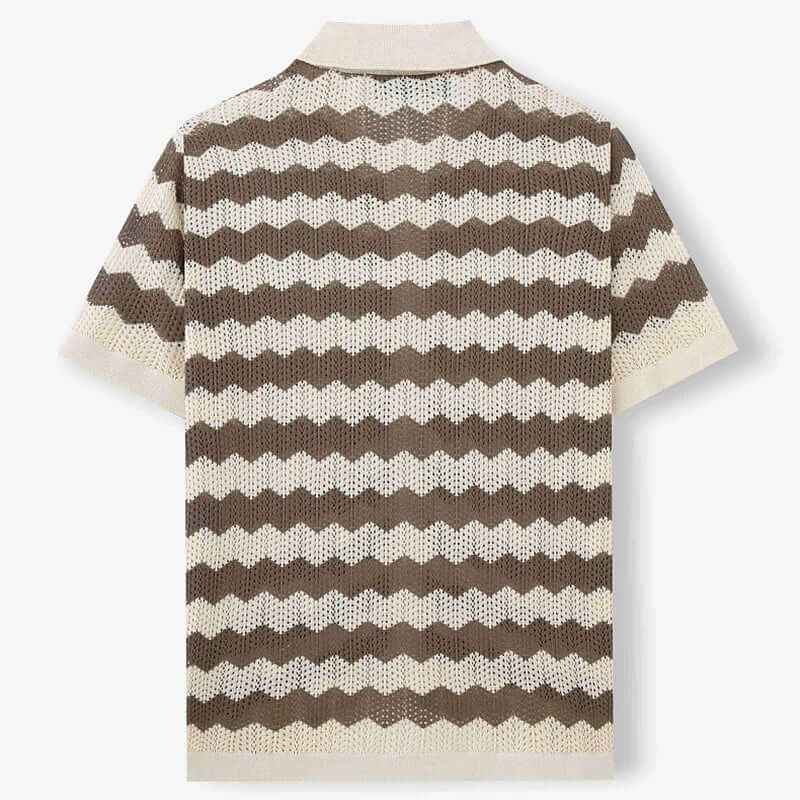 Back view of Raffaele Men's Crochet Shirt featuring open-knit chevron pattern in brown and cream, designed for warm weather.