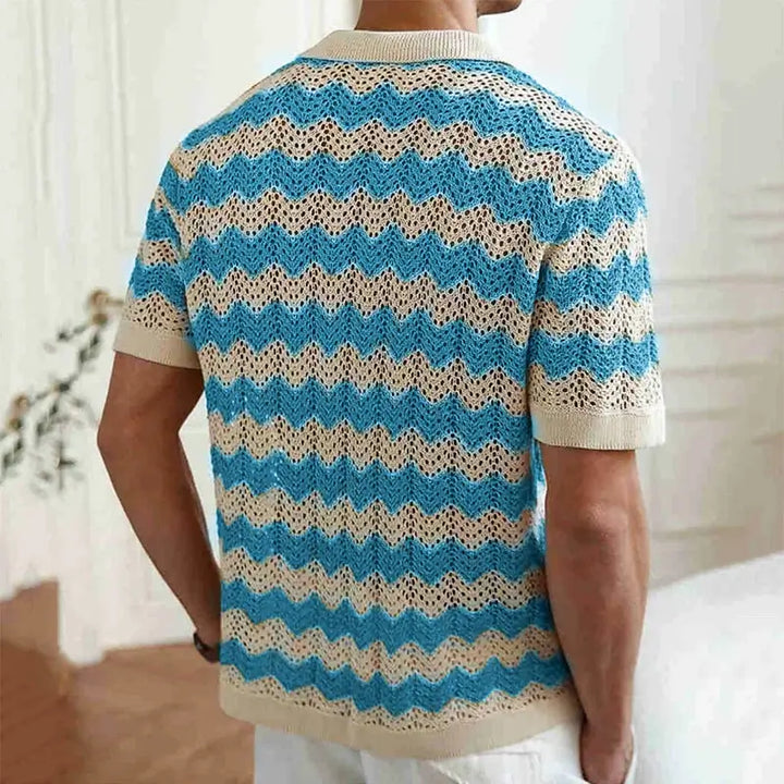 Men's crochet shirt featuring open-knit chevron waves in blue and beige, perfect for warm weather style and comfort.