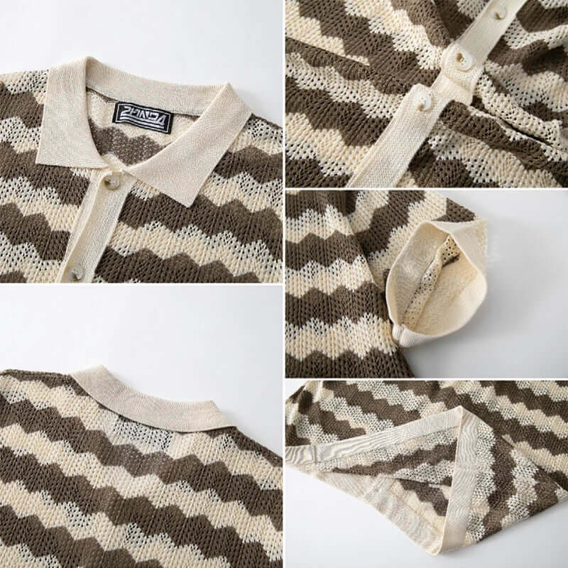 Raffaele Men's Crochet Shirt in open-knit chevron pattern, featuring a laid-back collar and button-up front for vintage style.