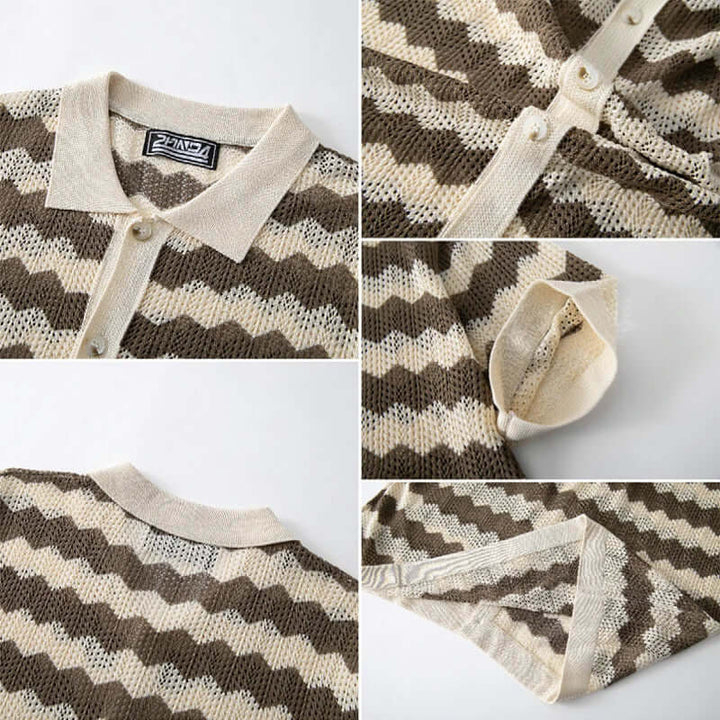 Raffaele Men's Crochet Shirt in open-knit chevron pattern, featuring a laid-back collar and button-up front for vintage style.