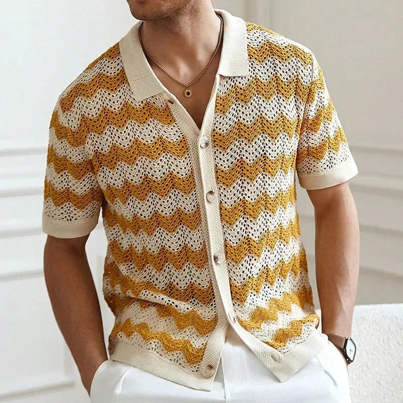 Raffaele Men's Crochet Shirt in open-knit chevron pattern, featuring breathable organic cotton blend, ideal for warm weather.