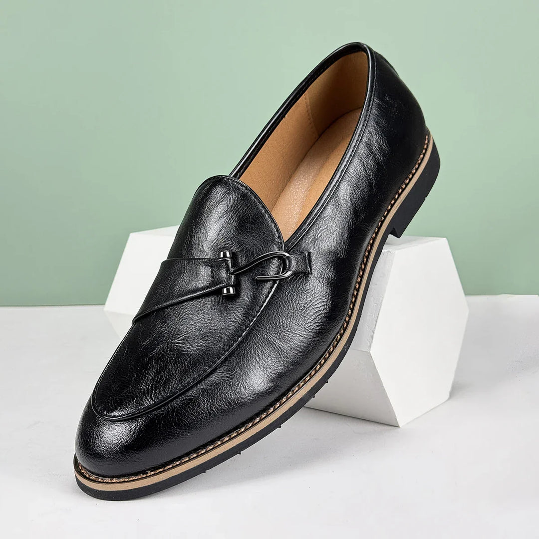 Renley Men's Genuine Leather Loafers in black with burnished toe and metal bit accent for comfortable slip-on wear.