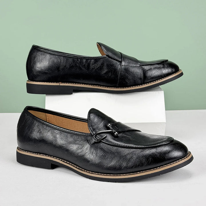 Renley Men's Genuine Leather Loafers, black with burnished toe and metal bit, slip-on, cushioned footbed, rubber sole.