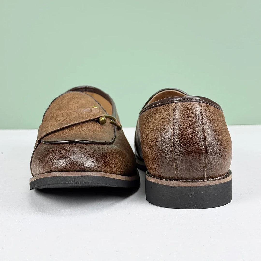 Back view of Renley Men's Genuine Leather Loafers showcasing burnished toe and sleek metal bit accent.