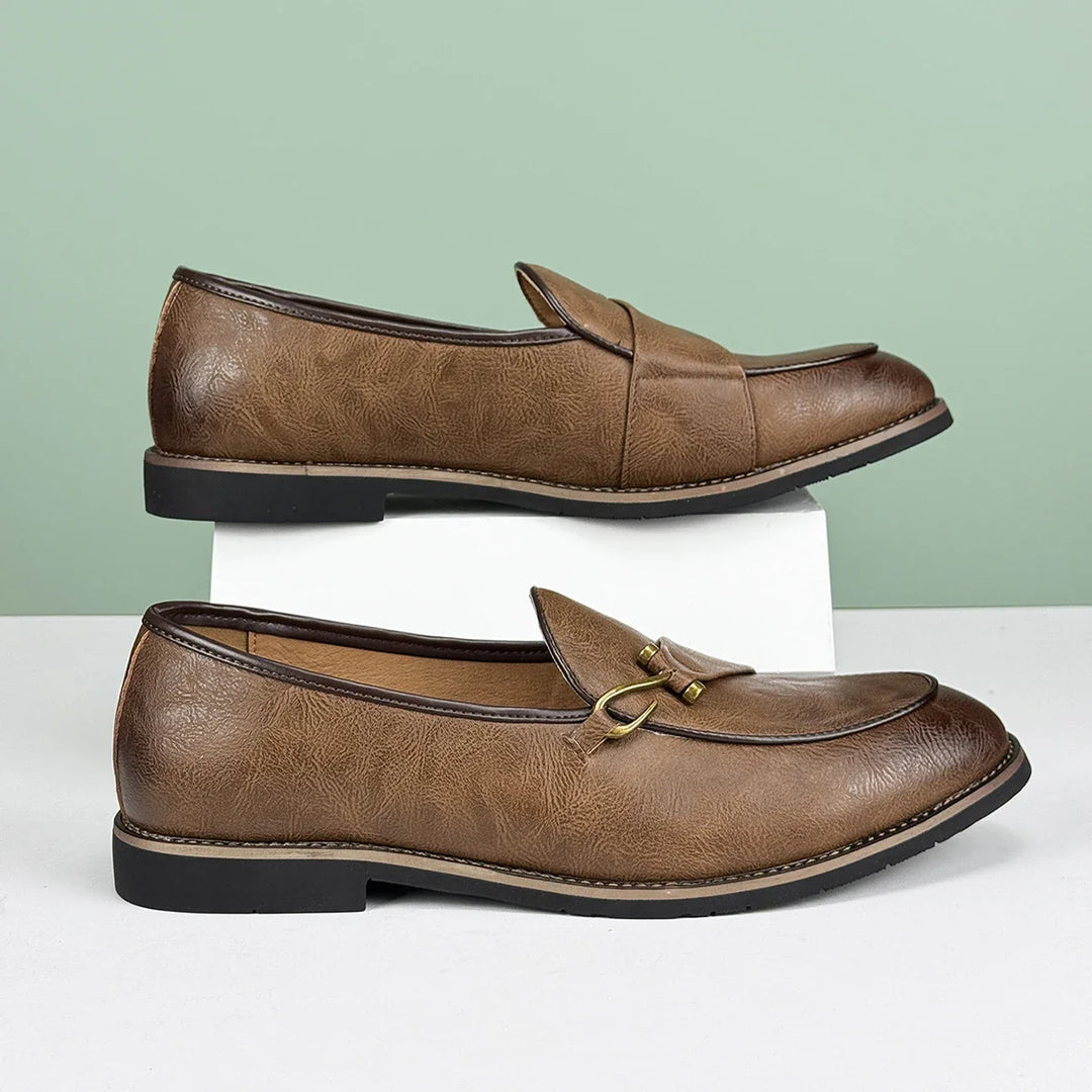 Renley Men's Genuine Leather Loafers with burnished toe and metal bit accent, perfect for all-day comfort and style.