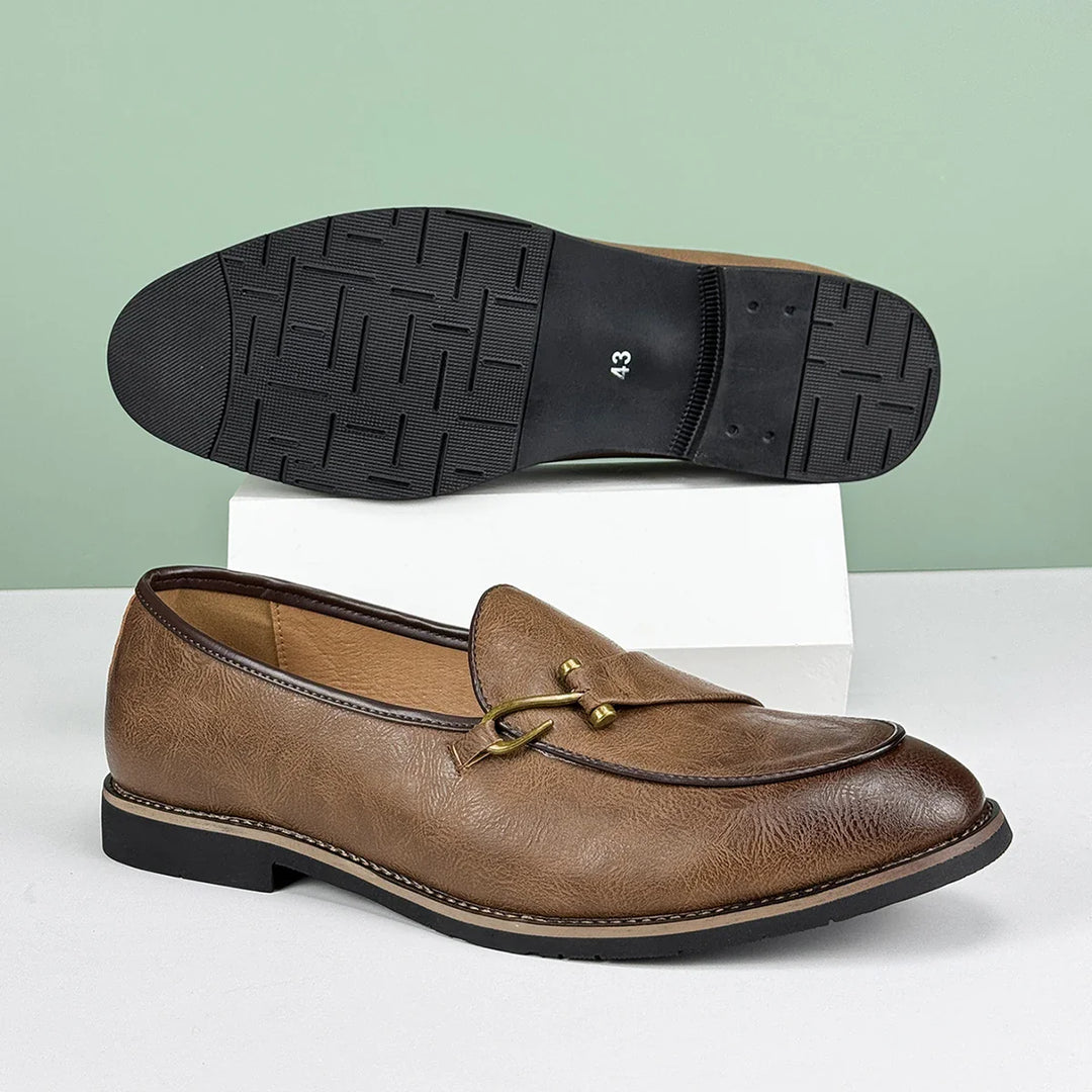 Renley Men's Genuine Leather Loafers with burnished toe and metal bit, showcasing cushioned insole and durable rubber sole.