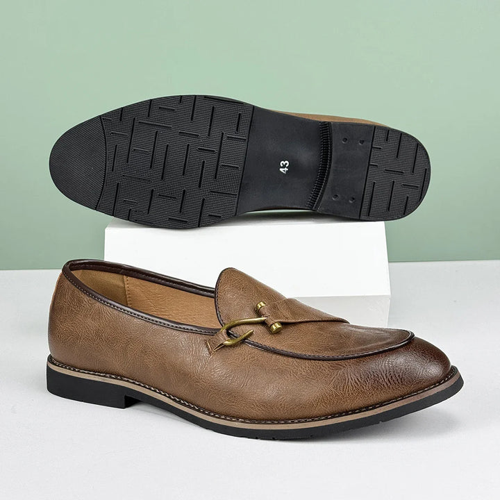 Renley Men's Genuine Leather Loafers with burnished toe and metal bit, showcasing cushioned insole and durable rubber sole.