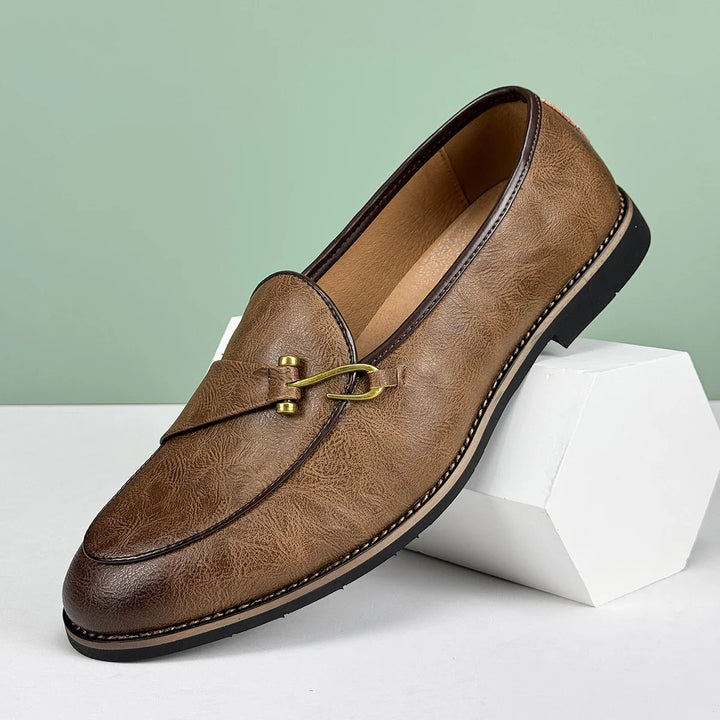 Renley Men's Genuine Leather Loafers in burnished brown with metal bit accent and cushioned sole, perfect for all-day comfort.