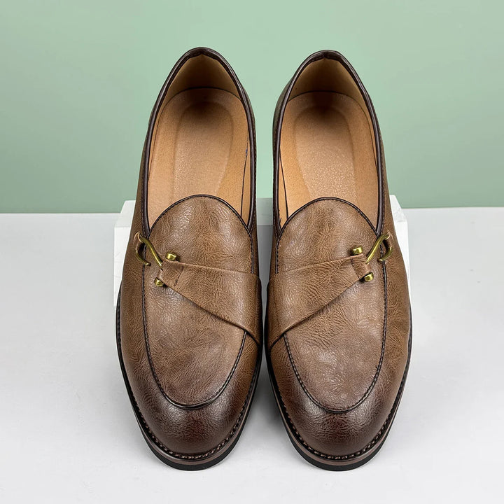 Renley Men's Genuine Leather Loafers with burnished toe and metal bit accent, showcasing a slip-on design.